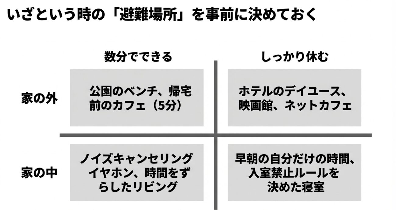 いざという時の「避難場所」の具体例。家の外(公園のベンチ、カフェ、ホテルなど)と家の中(ノイズキャンセリングイヤホン、寝室など)のリスト 。